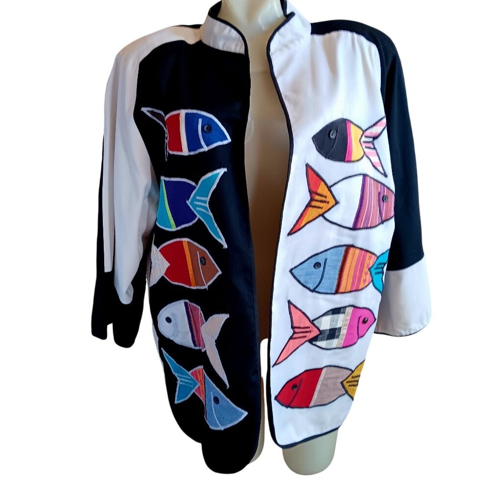 Vintage Women's Jacket Medium 1990's Fish Appliqué Victor Camarena Mexico Colors